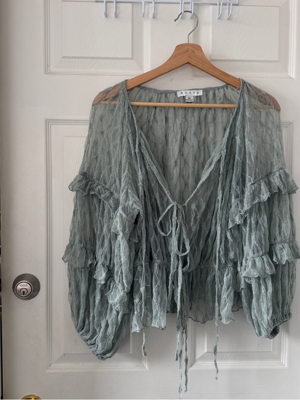 Ruffled Tie-Front Lace Blouse - Sage